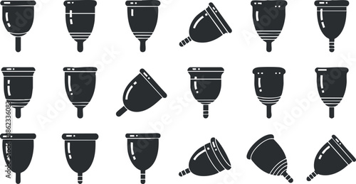 Flat design vector icon set of menstrual cups in various styles for health and wellness projects