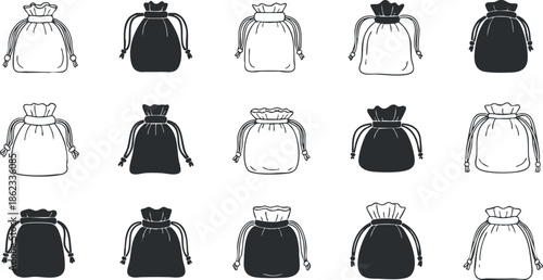 Stylish vector pattern featuring drawstring bags in black and white, ideal for textile design and branding projects