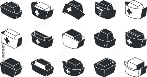 Minimalist black and white vector icon set featuring various first aid kits for healthcare and medical design projects