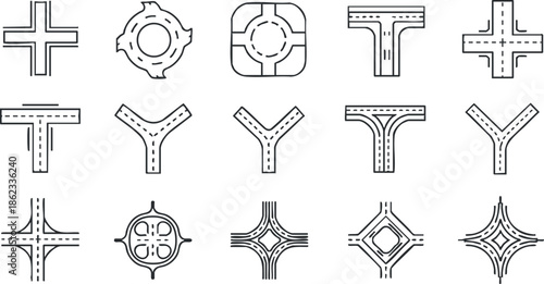 Geometric vector icon set featuring various road intersection designs for urban navigation and map applications