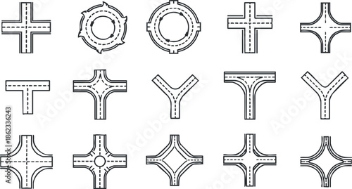 Geometric vector icon set of road intersections and traffic symbols for urban planning and design projects