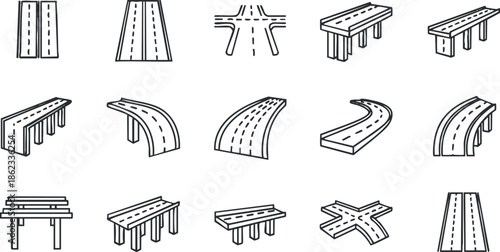Geometric vector icon collection featuring various road designs and highway elements for urban planning and transportation themes