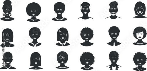 Diverse collection of vector silhouettes showcasing various facial expressions and hairstyles for use in design projects.