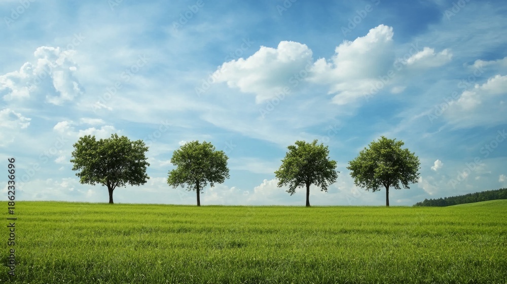 Obraz premium Trees in the middle of a green field at dawn generative ai
