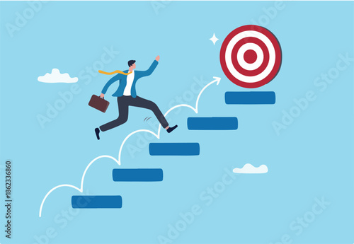 Step or progress to success and reach goal target, leadership to improve personal development, ladder or staircase to achieve goal, aspiration or career path, businessman run up stair to success.