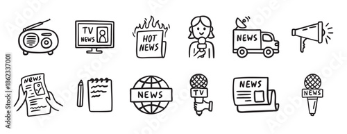 Set of hand drawn news media icons, TV journalism and press sketch style elements collection