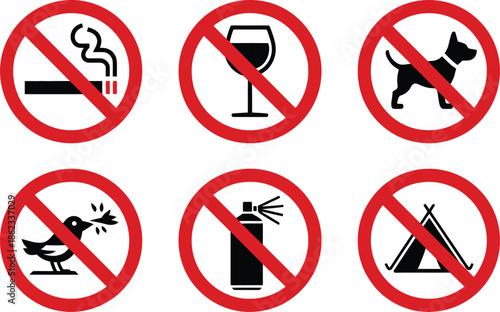 No smoking drinking pets birds camping spraying aerosol prohibited signs