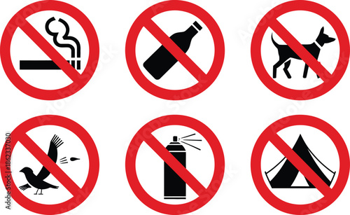 No smoking drinking littering animals camping throwing trash signs