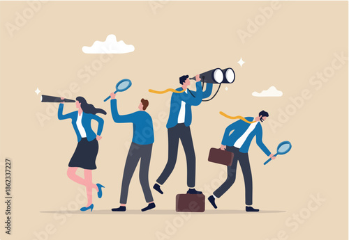Search opportunity, finding new job, inspection or research, SEO or analyze for optimization, inspect or looking for future, career development concept, business people with binoculars, telescope.