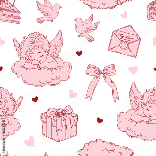 Seamless romantic pattern with sleeping cupid angel, lovely birds, hearts, envelopes, bows, cakes and clouds. Valentines Day cute background.