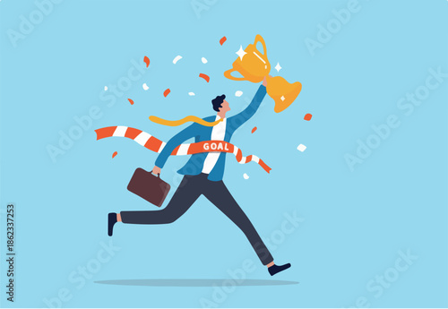Success winning businessman, achievement, succeed performance or business victory, career success, goal or target accomplishment concept, success businessman running reach finish line with trophy.