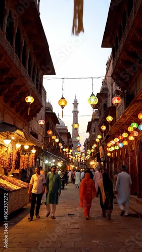 Warm golden light illuminates pedestrians strolling down a narrow indian ramadhan street lined with historic architecture and colorful hanging lanterns.