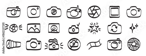 doodle hand drawn camera Photography Related Icons set. Chalk Crayon Drawing camera or photo