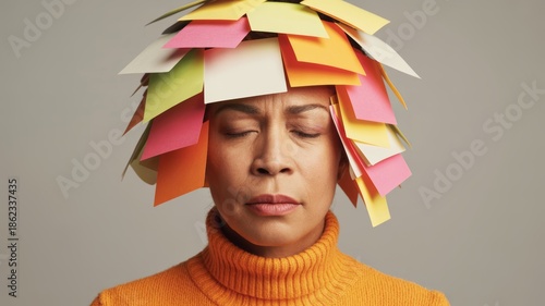 A woman with a colorful paper hairstyle wears a turtleneck, displaying a creative and humorous approach to ideas and creativity.