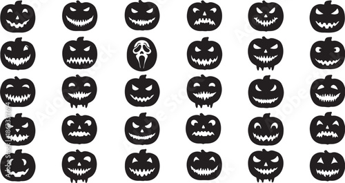 Halloween Jack O Lantern Faces Vector Icon Sheet Black and White Pumpkin Stencil Silhouettes Horror Face Eps