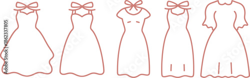 set of various wedding dress silhouettes and bridal gown icons with cute bows on transparent background