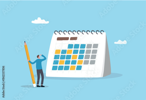 Calendar schedule, event or meeting reminder, date time planning, work deadline or appointment, due date organizer weekly review concept, businessman hold pencil thinking with calendar schedule plan
