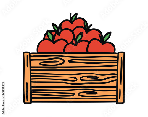Wooden crate with red apples, cozy hand drawn doodle style.