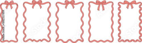 Five red ribbon frames with wavy edges on transparent background


