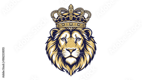 Majestic Lion Head Adorned with Ornate Golden Crown Illustration.