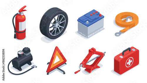 Isometric car safety and maintenance equipment set for road emergencies