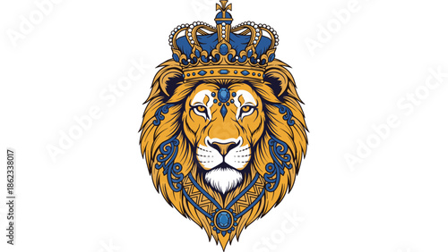 Majestic Lion Head Adorned with Royal Crown Illustration.