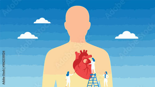 Medical team examines human heart, conceptual illustration of cardiology research