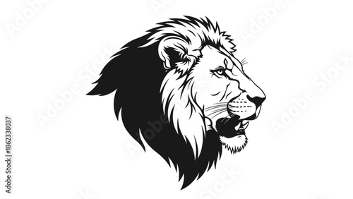 Majestic Lion Head Profile in Striking Black and White Illustration.