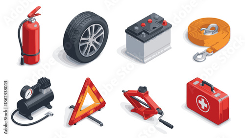 Essential car accessories and road safety equipment set