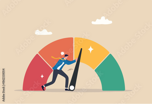 Push skill level, credit score or increase performance, improvement or effort to be better, excellent customer feedback review, gauge scale rating concept, businessman pushing skill performance gauge