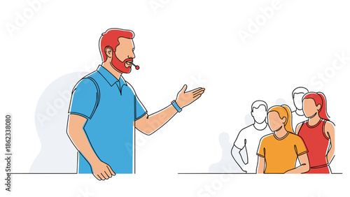 Man giving a presentation to a group of people line art style.