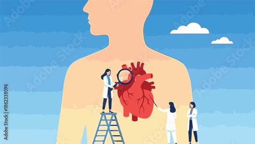 Cardiology concept: Medical professionals examining human heart for health