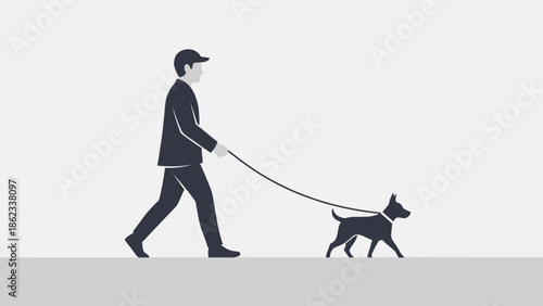 Man walking a dog on a leash in simple illustration.