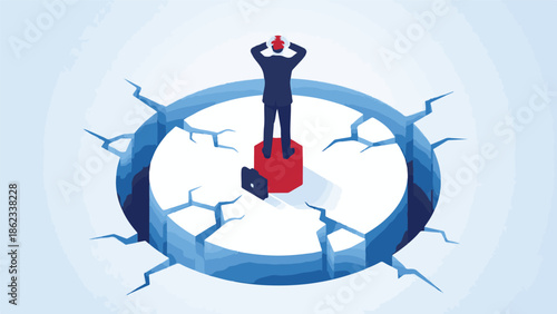 Businessman in crisis, standing on a fragile platform with cracking ground