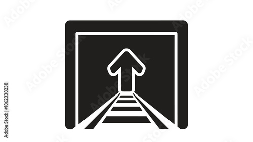 Black and white graphic symbol of a doorway with an upward pointing arrow inside