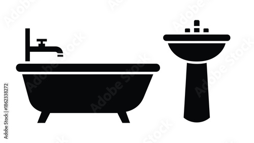 Black and white illustration of a bathtub and sink depicting bathroom fixtures