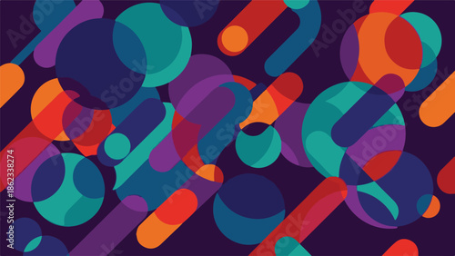 Abstract geometric pattern with overlapping colorful circles and rounded rectangles