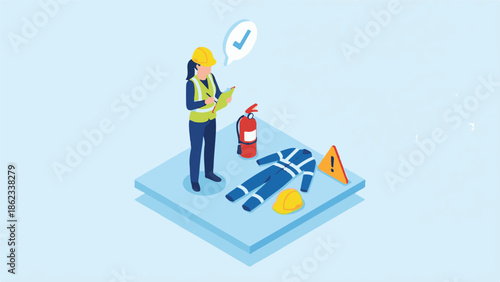 Isometric illustration of a safety inspector reviewing personal protective equipment