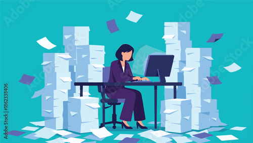 Businesswoman working at desk with huge stacks of documents and flying papers