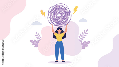 Woman holding tangled thoughts, symbolizing stress and mental struggle