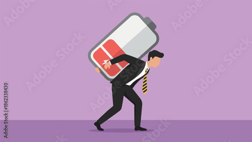 Businessman carrying heavy low battery symbol, representing burnout