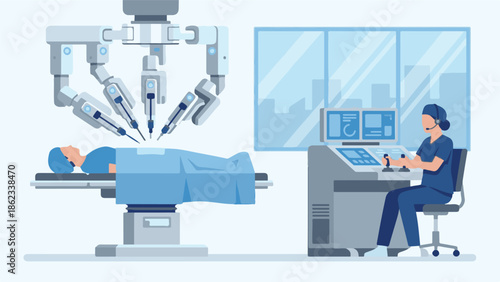 Robotic surgery system in a modern operating room with a surgeon