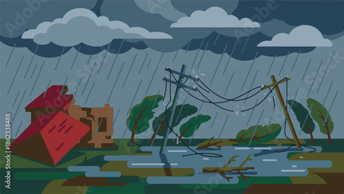 Illustration of storm damage, heavy rain, flood, and broken power lines