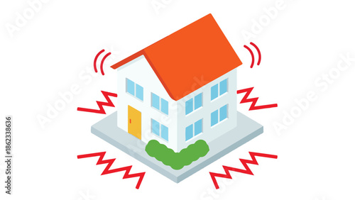 Isometric house icon shaking with red vibration waves, earthquake concept