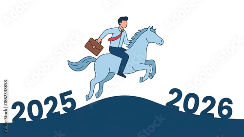 Businessman riding horse jumping over 2025 to 2026, future business concept