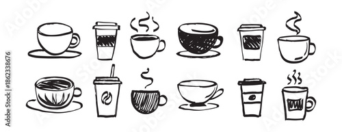 coffee in different cups in doodle style hand drawn set. coffee time element hot drink