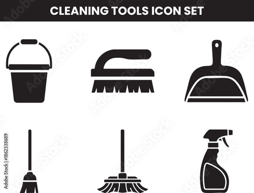 A collection of simple black cleaning tool icons, including a bucket, brushes, a broom, and spray bottle