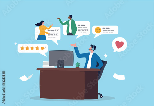 Customer service help solving problem, advice helpline or call center to support customer, operator to communicate with client provide solution, customer support staff help solving customer problems