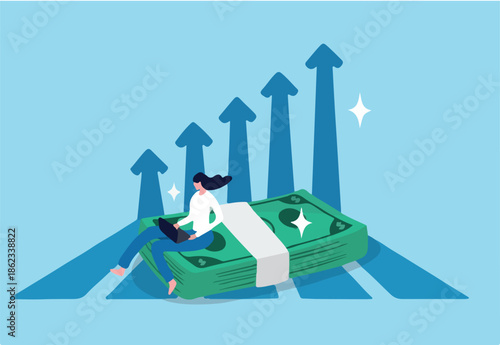 Increase income or salary raise, growing investment, wealth or saving profit, revenue rising, improvement or accumulate wealth concept, woman working with computer on banknote money growing graph