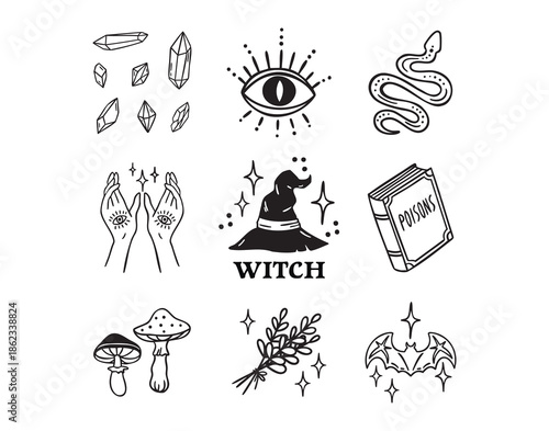 Girly witch Halloween set bats and mushrooms, plants and crystals, snake and witch hands, hat, hand drawn monochrome line art, outline contour